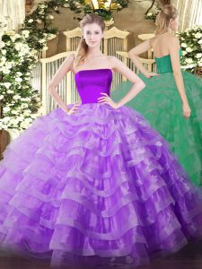 Chic Lilac Tulle Zipper Sweet 16 Dresses Sleeveless Floor Length Ruffled Layers