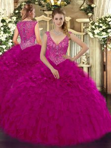 Pretty Floor Length Zipper Quinceanera Dresses Fuchsia for Military Ball and Sweet 16 and Quinceanera with Beading and Ruffles