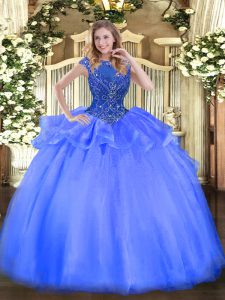 Dazzling Blue Cap Sleeves Beading Floor Length Sweet 16 Dresses