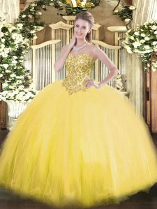 Fabulous Gold Lace Up Quinceanera Gown Appliques Sleeveless Floor Length