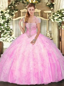 Sleeveless Floor Length Appliques and Ruffles Lace Up Vestidos de Quinceanera with Rose Pink