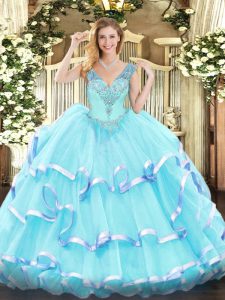 Organza V-neck Sleeveless Lace Up Ruffled Layers Quinceanera Dresses in Aqua Blue