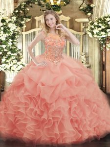 Cute Baby Pink 15th Birthday Dress Military Ball and Sweet 16 and Quinceanera with Beading and Ruffles Scoop Sleeveless Zipper