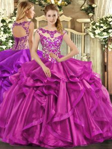 Organza Scoop Sleeveless Lace Up Beading and Appliques and Ruffles 15 Quinceanera Dress in Fuchsia