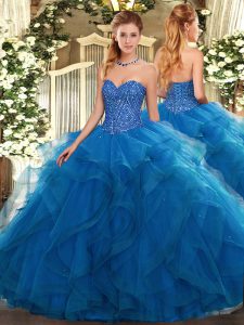 Ball Gowns Quinceanera Dress Blue Sweetheart Tulle Sleeveless Floor Length Lace Up