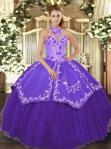 Fancy Purple Halter Top Neckline Beading and Embroidery 15 Quinceanera Dress Sleeveless Lace Up