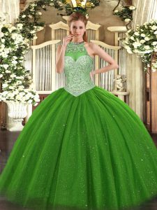 Halter Top Sleeveless Tulle Quince Ball Gowns Beading Lace Up