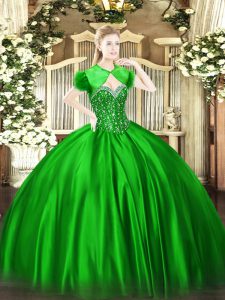 Green Satin Lace Up Sweetheart Sleeveless Floor Length Vestidos de Quinceanera Beading