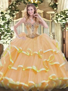 Custom Designed Beading and Ruffles Quinceanera Gowns Gold Lace Up Sleeveless Floor Length