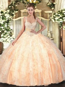 Best Selling Sleeveless Floor Length Beading and Ruffles Lace Up Sweet 16 Dresses with Peach