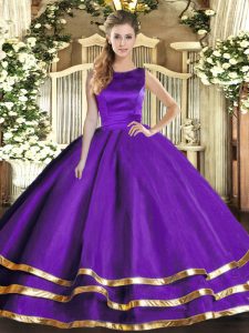 Custom Fit Sleeveless Floor Length Ruffled Layers Lace Up Sweet 16 Quinceanera Dress with Purple