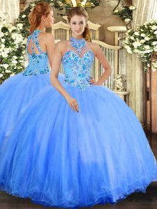 Top Selling Blue Ball Gowns Embroidery Quinceanera Gown Lace Up Tulle Sleeveless Floor Length