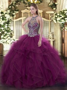 Organza Halter Top Sleeveless Lace Up Beading Sweet 16 Dresses in Fuchsia