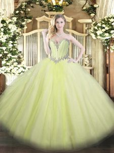 Fantastic Yellow Green Tulle Lace Up Sweetheart Sleeveless Floor Length Sweet 16 Dresses Beading