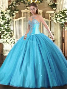 Hot Sale Aqua Blue Quinceanera Gowns Military Ball and Sweet 16 and Quinceanera with Beading Sweetheart Sleeveless Lace Up