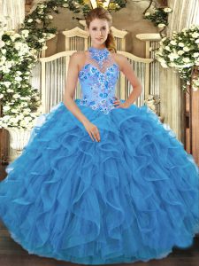 Dazzling Baby Blue Sleeveless Organza Lace Up Sweet 16 Dress for Military Ball and Sweet 16 and Quinceanera