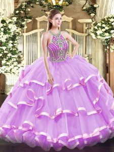 Lilac Ball Gowns Beading and Ruffled Layers 15 Quinceanera Dress Lace Up Tulle Sleeveless Floor Length