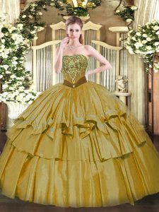 Affordable Brown Ball Gowns Organza and Taffeta Strapless Sleeveless Beading and Ruffled Layers Floor Length Lace Up Sweet 16 Dresses