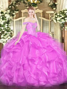 Wonderful Lilac Ball Gowns Off The Shoulder Sleeveless Organza Floor Length Lace Up Beading and Ruffles 15th Birthday Dress