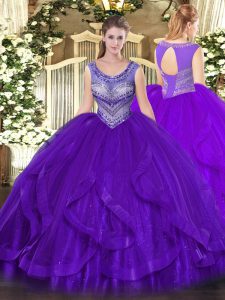 Fashion Eggplant Purple Sleeveless Organza Lace Up Quince Ball Gowns for Sweet 16 and Quinceanera