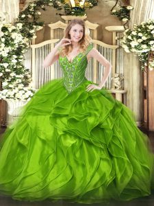 Exquisite Ball Gowns V-neck Sleeveless Organza Floor Length Lace Up Beading and Ruffles Vestidos de Quinceanera