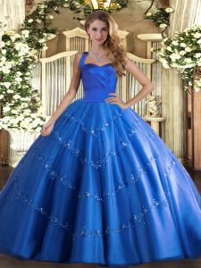 Decent Sleeveless Tulle Floor Length Lace Up Vestidos de Quinceanera in Blue with Appliques