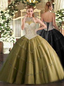 Brown Sleeveless Tulle Lace Up Quinceanera Dress for Military Ball and Sweet 16 and Quinceanera