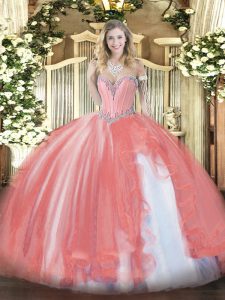 Eye-catching Coral Red Lace Up Quinceanera Gown Beading and Ruffles Sleeveless Floor Length