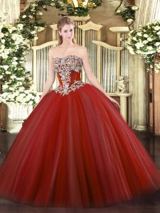 Wine Red Ball Gowns Beading Vestidos de Quinceanera Lace Up Tulle Sleeveless Floor Length