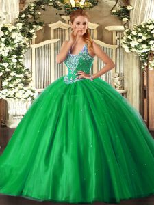 Perfect Floor Length Lace Up Quinceanera Gowns Green for Military Ball and Sweet 16 and Quinceanera with Beading