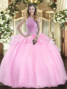 Pretty Pink Lace Up Quinceanera Gowns Beading Sleeveless Floor Length