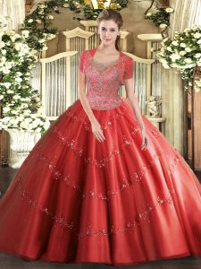 Elegant Tulle Scoop Sleeveless Clasp Handle Beading 15th Birthday Dress in Coral Red