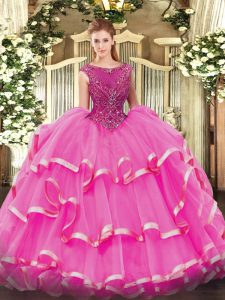 Ideal Ball Gowns Sweet 16 Quinceanera Dress Fuchsia Scoop Organza Sleeveless Floor Length Zipper