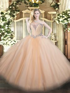 Fantastic Peach Ball Gowns Tulle Sweetheart Sleeveless Beading Floor Length Lace Up Quince Ball Gowns