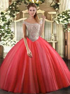 Nice Coral Red Lace Up Off The Shoulder Beading Quinceanera Dress Tulle Sleeveless