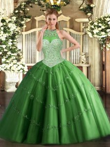 Nice Ball Gowns Sweet 16 Quinceanera Dress Green Halter Top Tulle Sleeveless Floor Length Lace Up