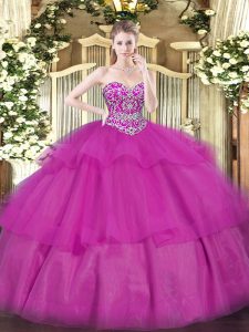 Sleeveless Organza Floor Length Lace Up 15th Birthday Dress in Fuchsia with Beading and Ruffled Layers