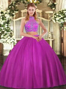 Floor Length Two Pieces Sleeveless Fuchsia Sweet 16 Dresses Criss Cross