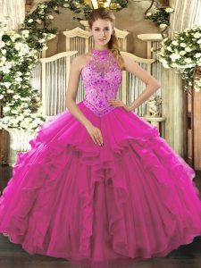 High End Floor Length Fuchsia 15th Birthday Dress Halter Top Sleeveless Lace Up