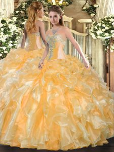 Gold Sweetheart Lace Up Beading and Ruffles Quinceanera Dress Sleeveless