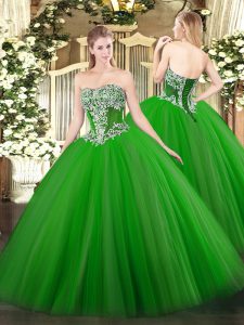 Exquisite Strapless Sleeveless Ball Gown Prom Dress Floor Length Beading Green Tulle