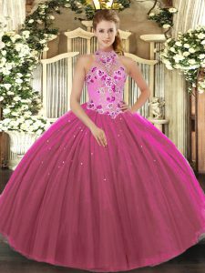 Best Ball Gowns Quinceanera Gowns Fuchsia Halter Top Tulle Sleeveless Floor Length Lace Up