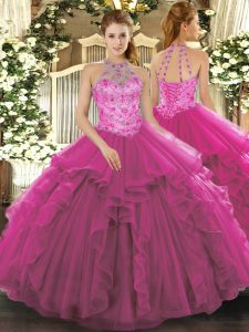 Dynamic Floor Length Fuchsia 15th Birthday Dress Organza Sleeveless Beading