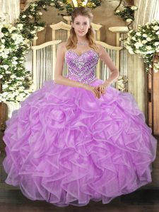 Lilac Tulle Lace Up Sweet 16 Dresses Sleeveless Floor Length Beading