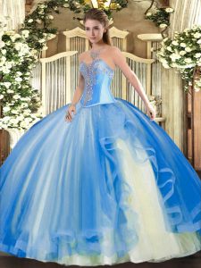 Most Popular Floor Length Lace Up Sweet 16 Dress Baby Blue for Military Ball and Sweet 16 and Quinceanera with Beading and Ruffles