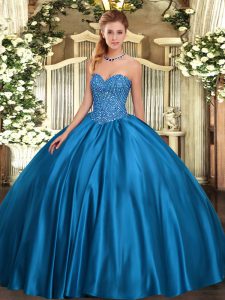 Amazing Blue Lace Up Sweet 16 Dress Beading Sleeveless Floor Length