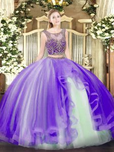 Lavender Tulle Lace Up Ball Gown Prom Dress Sleeveless Floor Length Beading and Ruffles