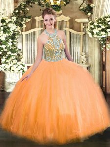 Excellent Sleeveless Floor Length Beading Lace Up Sweet 16 Dress with Orange