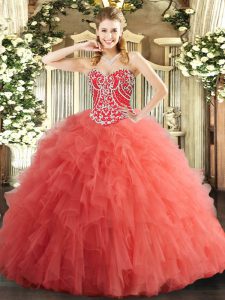 Traditional Watermelon Red Ball Gowns Sweetheart Sleeveless Tulle Floor Length Lace Up Beading and Ruffles Quinceanera Gown