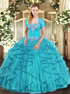 Classical Aqua Blue Lace Up Sweetheart Beading and Ruffles 15th Birthday Dress Tulle Sleeveless